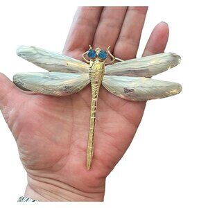 Artist Signed XL Dragonfly Pendant Sterling Silver & Gold Plate, Opal Eyes 4.75"